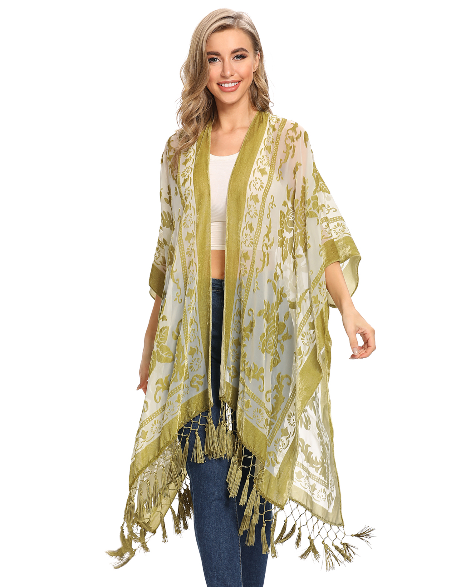 Boho Festival Burnout Velvet Kimono long Shawl with Tassel Beach Cover-up Luxury Shawl