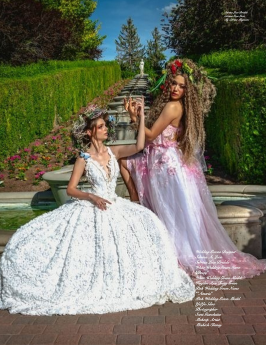SAMPLE GOWN  "POSEY" White 3D Chiffon Rosette Gold Crystal Embellished Wedding Ballgown Set