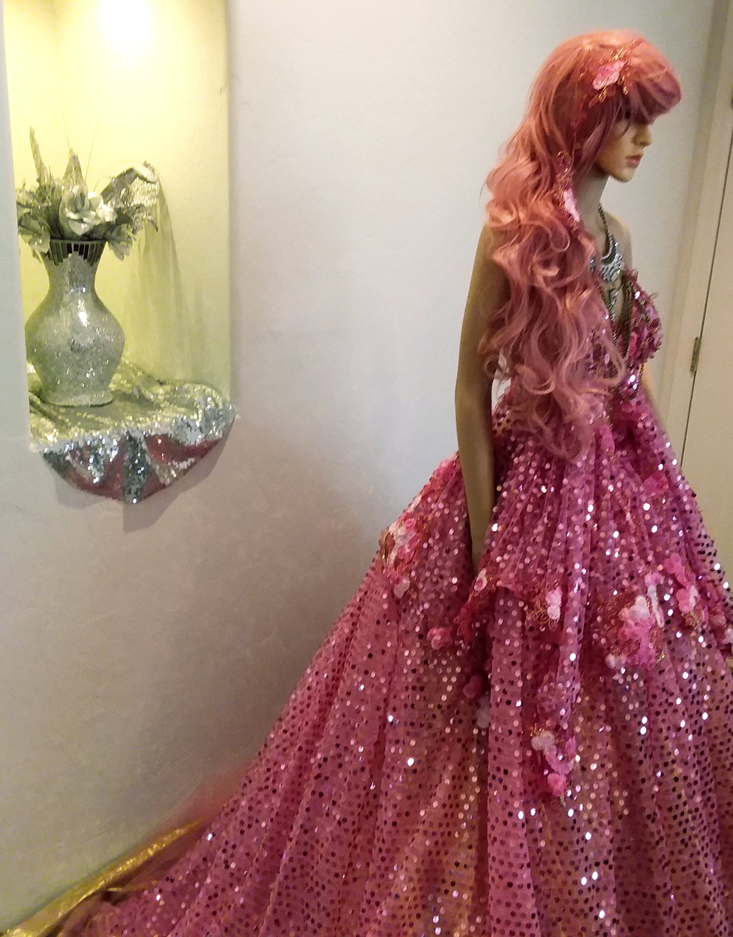 The "SHAYLA" Hot Pink Sequin Lace Crystal Wedding Ballgown Set