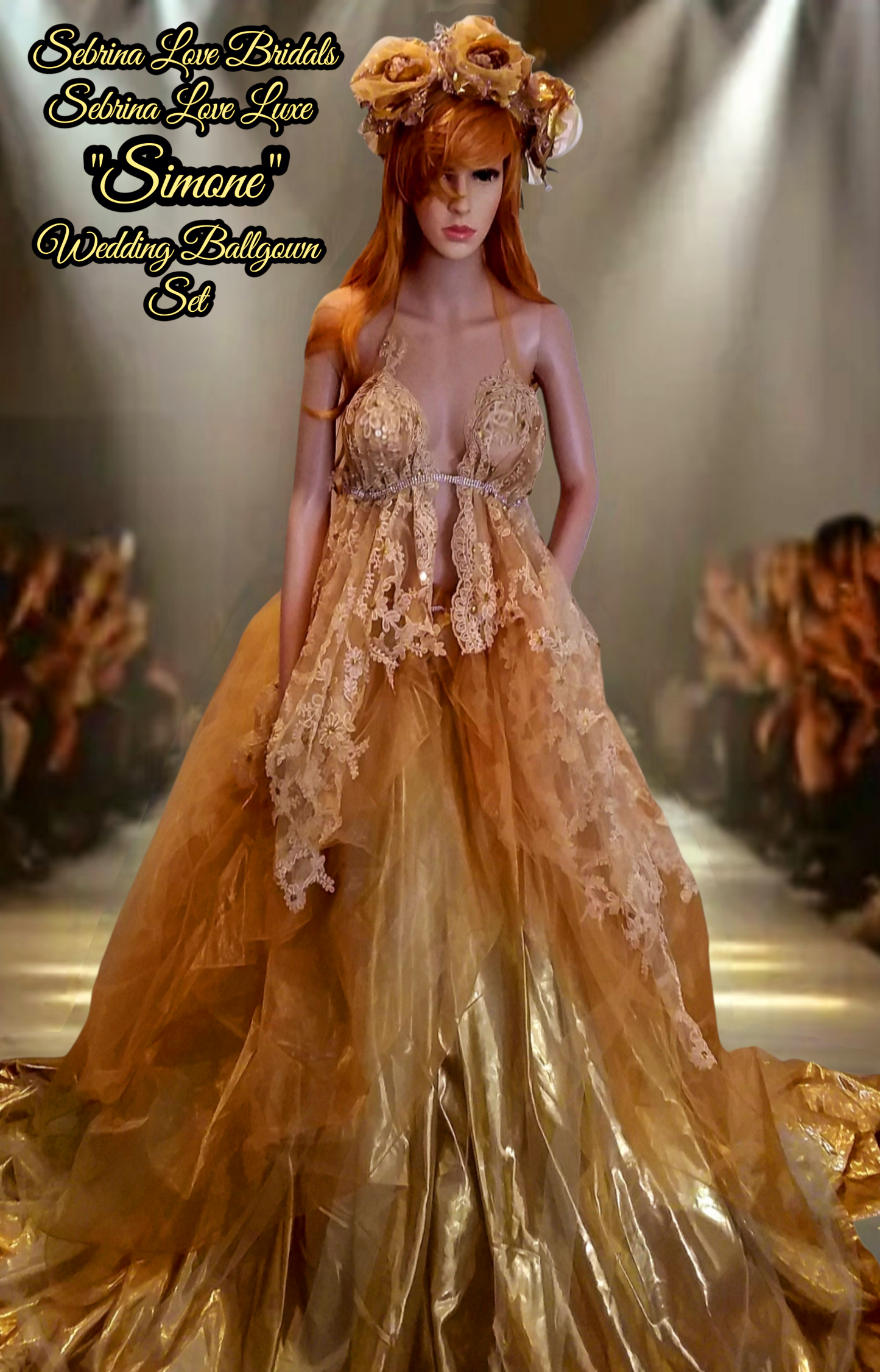 The "SIMONE" Crystal Gold Embroidered Lace Boho Festival Wedding Ballgown Set (Custom Order)