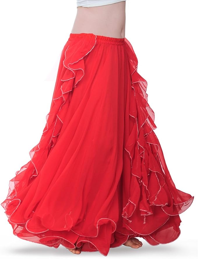 Exotic Red Chiffon Ruffled Gypsy Bellydance Maxi Skirt