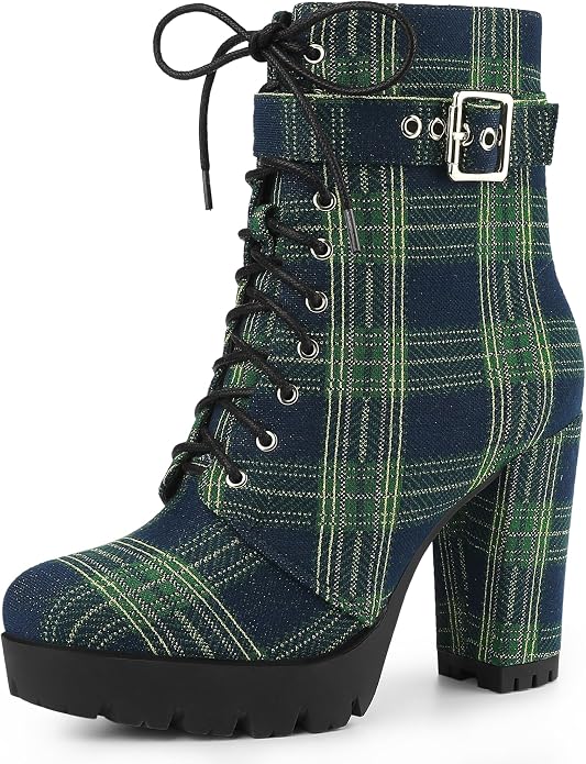 Collegecore Green & Navy Blue Tartan Plaid Round Toe Platform Combat Ankle Boots