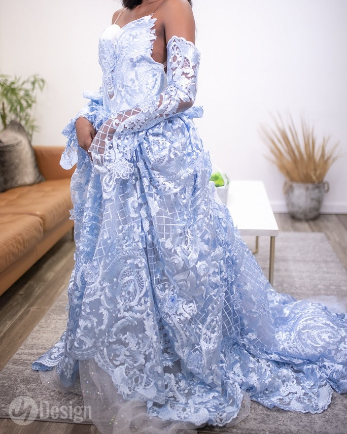 "PAULETTE" Blue Lace Wedding Ballgown Set (SAMPLE GOWN)