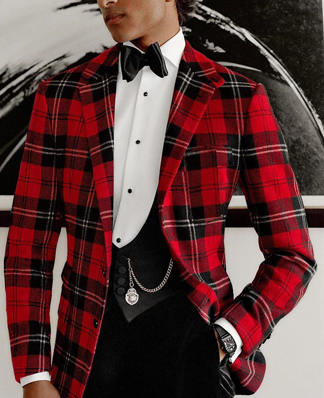 Festive Men's Red Tartan Plaid Blazer Suit Jacket