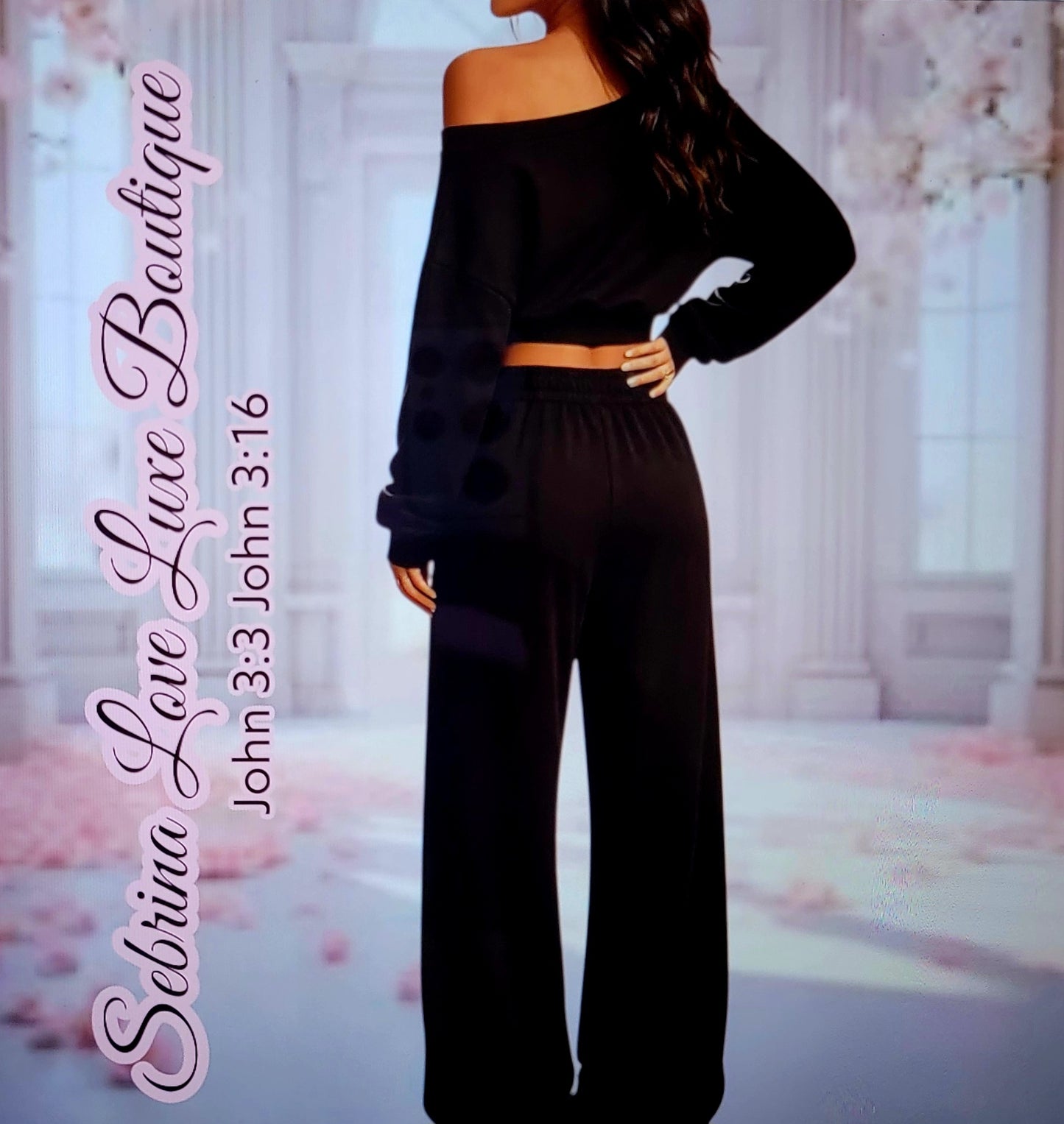Cozy Black Cropped Sweatshirt & Wide Leg Jogger Set