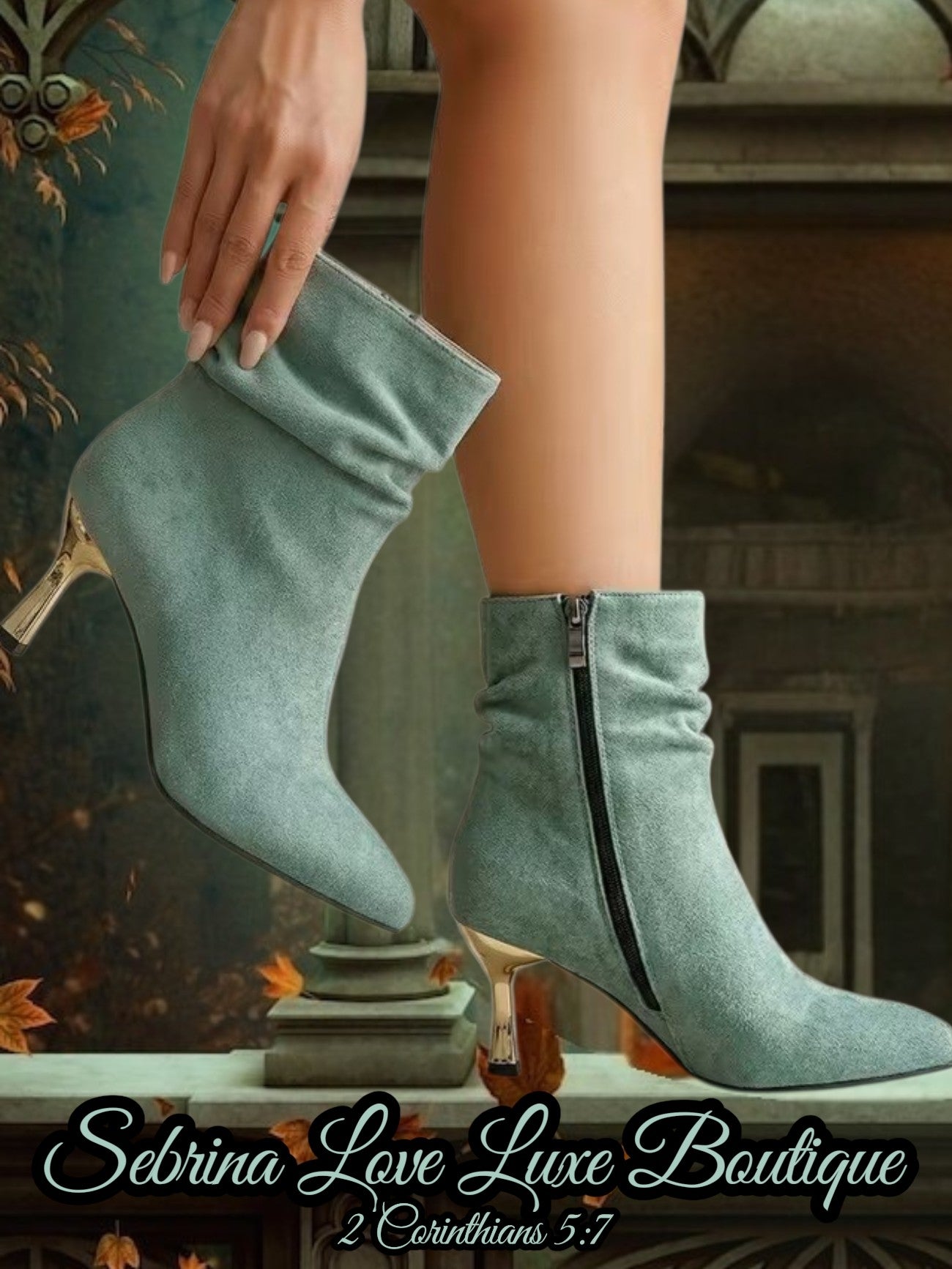 Luxe Mint Sage Green & Gold Kitten Heel Ankle Boots
