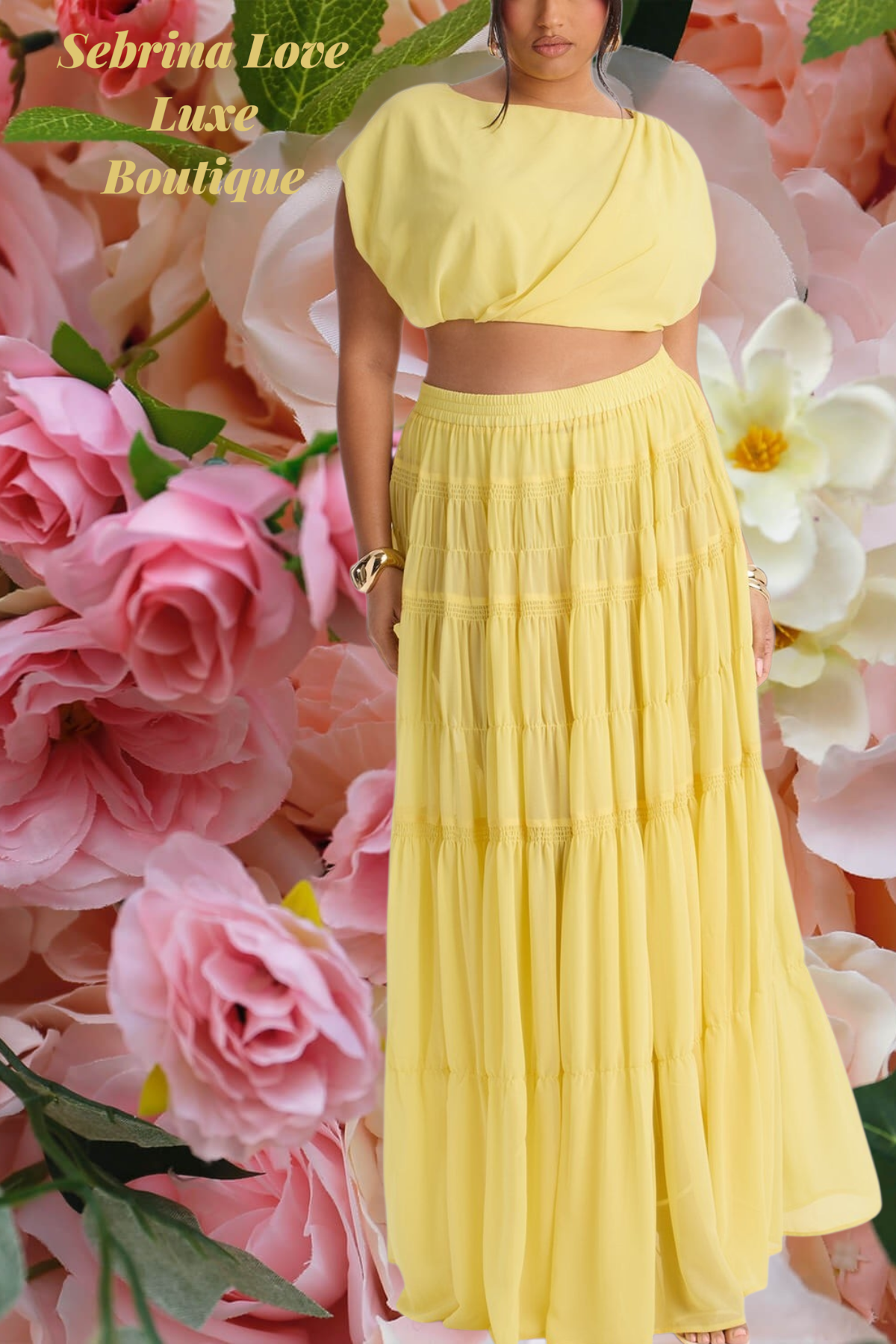 Romantic Yellow Chiffon Plus Crop Top & Maxi Skirt Dress Set