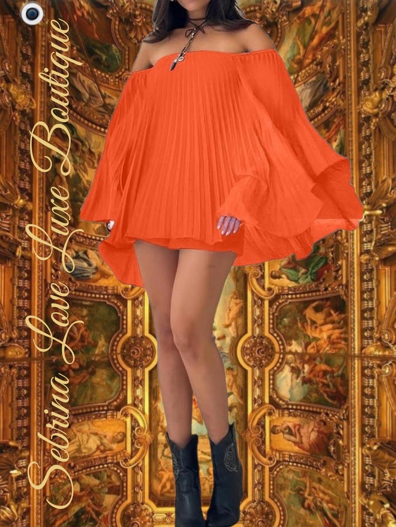 Sexy Orange Chiffon Pleated Trapeze 3pc Mini Dress Bandeau & Shorts Set