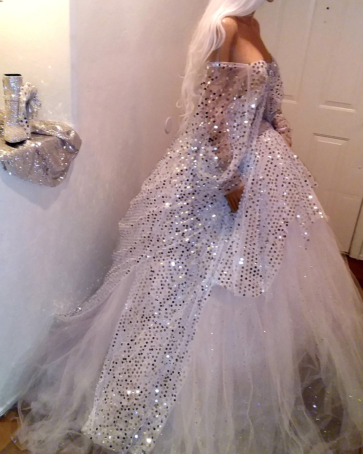 The 💎ISOLDE💎 White & Silver Sequin Crystal Kimono Wedding Ballgown Set