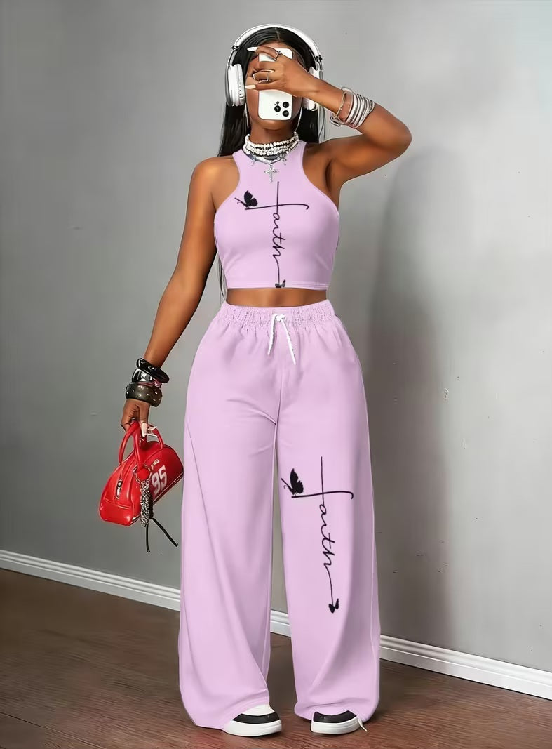 "FAITH" 2pc Graphic Lavender & Black Tank Top & Wide Leg Jogger Set