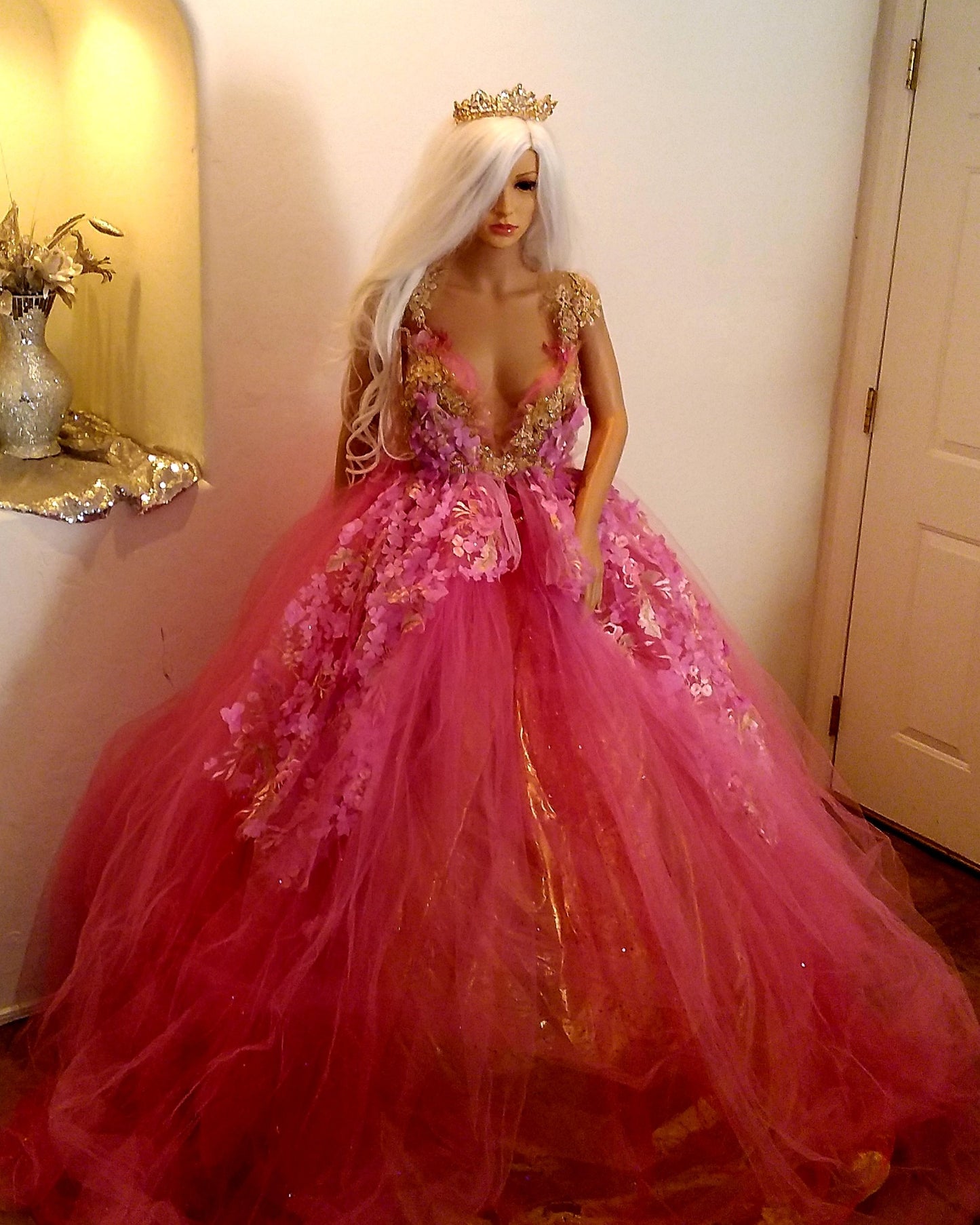 "HOPE" Pink & Gold Embroidered 3D Lace Crystal Beaded Wedding Ballgown Set
