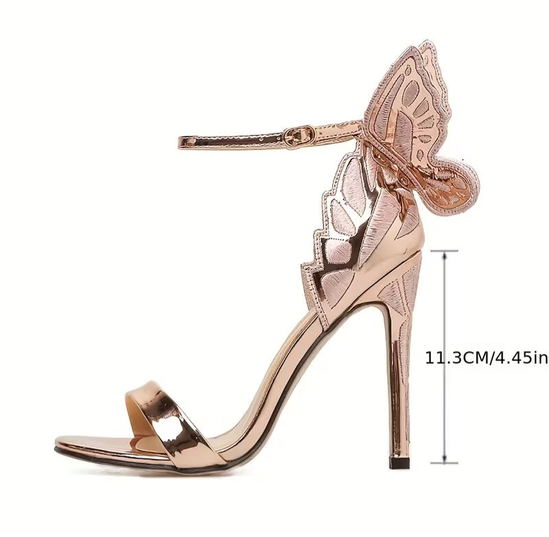 Ethereal Champagne Rose Gold Sparkling Butterfly Ankle Strap Sandal Heels