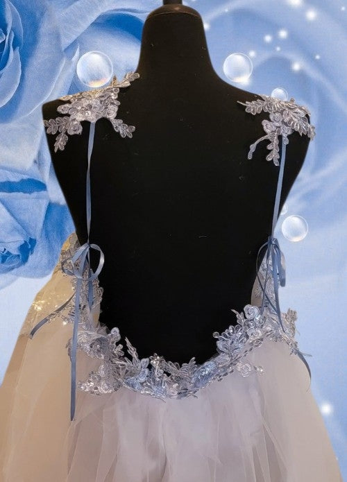 "HEAVENLY" White & Ice Blue Lace & Sequin & Tulle Wedding Ballgown & Headpiece Set