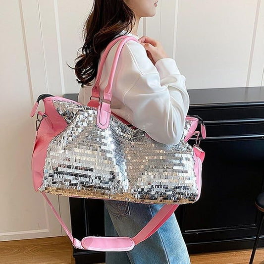 Beautiful Sparkling Silver & Pink Sequin Carry-on Overnight Luggage Bag