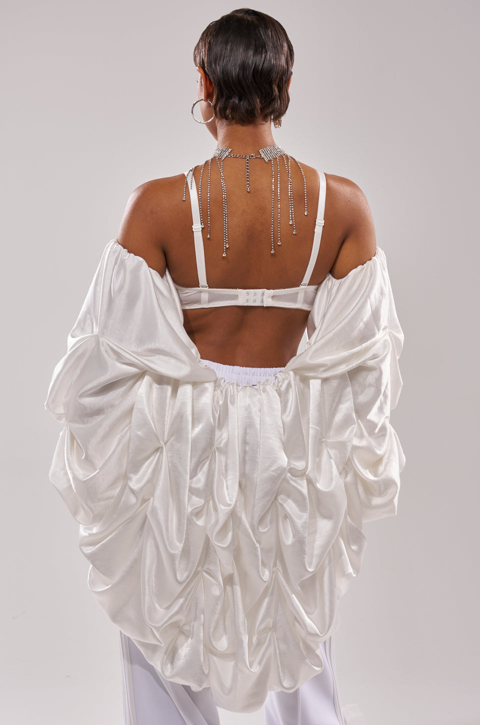 Elegant Off-Shoulder White Satin Ruched Draped Shrug Sweater