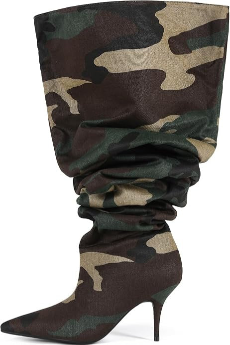 Sexy Green & Brown Camouflage Slouchy Thigh Boots
