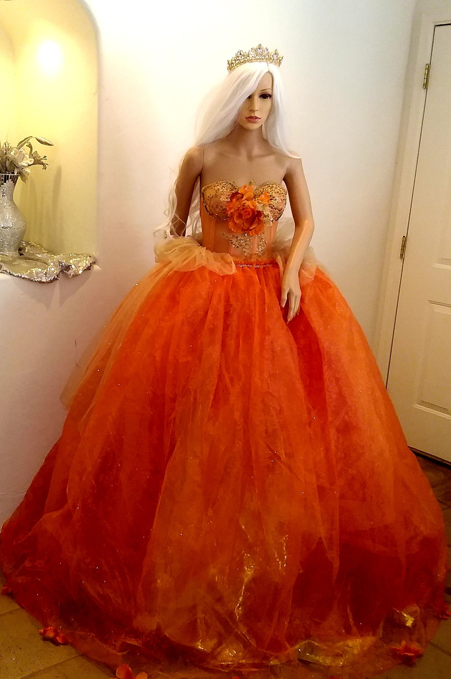 The "AUTUMN" Crystal Orange & Embroidered Lace Boho Festival Wedding Ballgown Set (Custom Order)