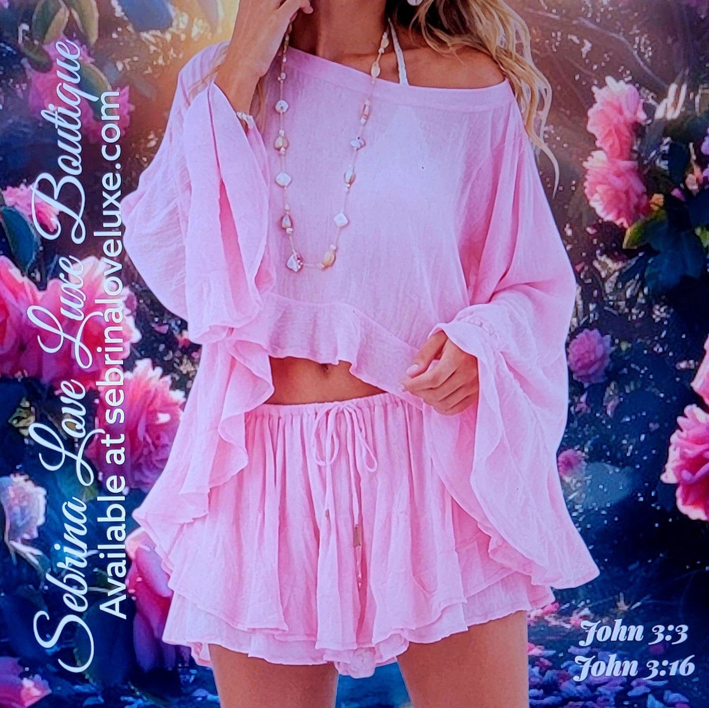 Flirty Baby Pink Flowy Crop Top & Layered Floaty Shorts Set