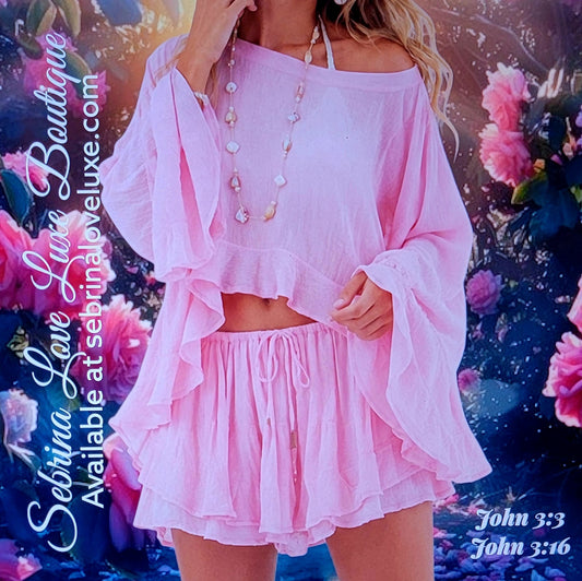 Flirty Baby Pink Flowy Crop Top & Layered Floaty Shorts Set