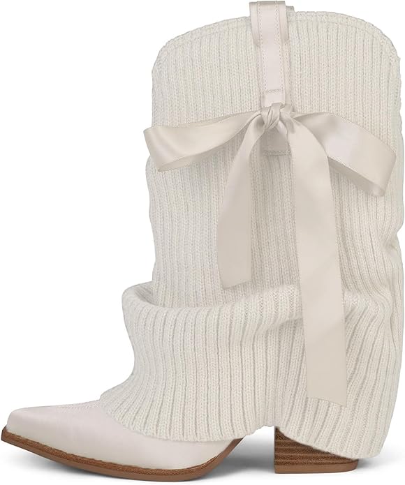 Ivory White Ballet Inspired Boho Festival Knit Foldover Western Boots
