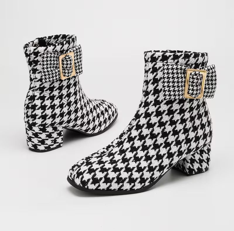 Classic Black & White Houndstooth Buckle Detail Low Block Heel Ankle Booties