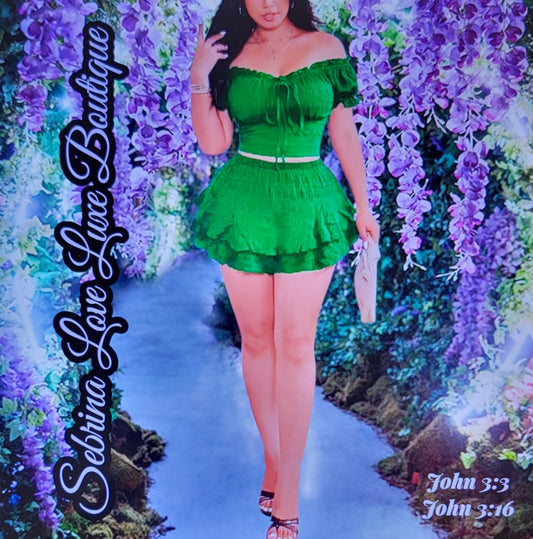 Flirty Kelly Green Off The Shoulder Smocked Top & Skort Set