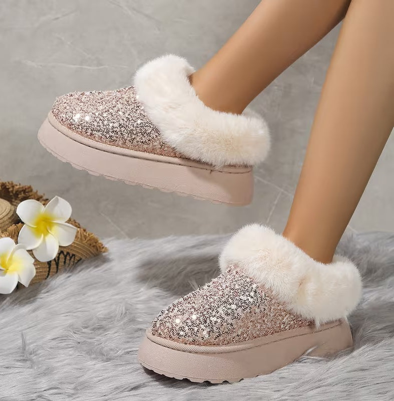 Stylish Rose Gold Sequin Faux Fur Trim Slippers