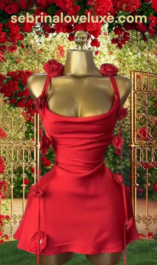 Red Rosette Strappy Draped Neckline Party Dress