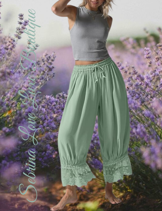 Romantic Victorian Inspired Mint Green Boho Wide Leg Pantaloon Bloomer Harem Pants