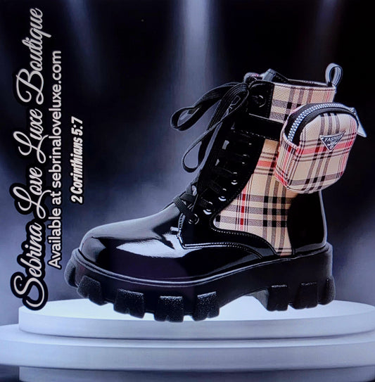 Cute Black British Plaid Cargo Detail Combat Boots (PRE-ORDER ITEM)