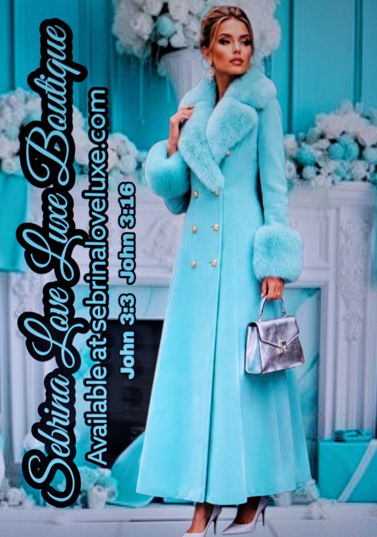 Luxe Ocean Aqua Blue Mint Green Faux Fur Trim Midi Coat
