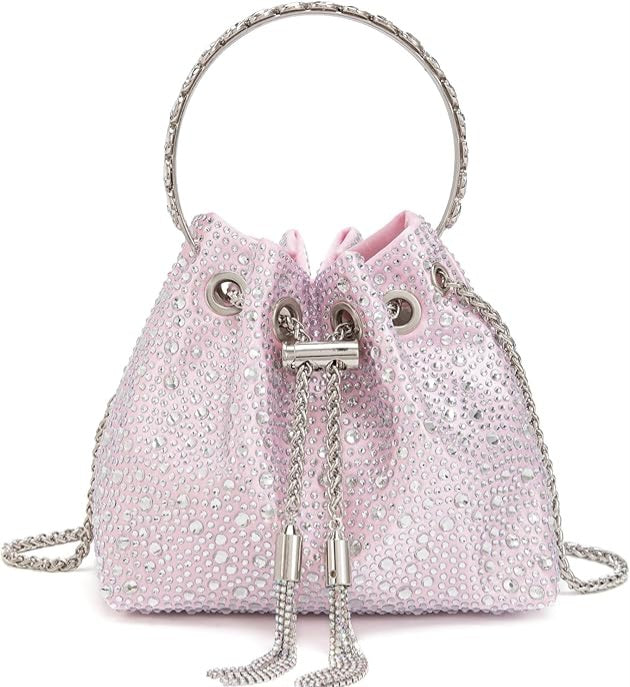 Elegant Pink & Silver Rhinestone Crystal Diamante Bucket Handbag Clutch Purse