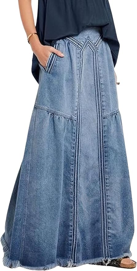 Romantic Boho Light Medium Blue Denim Maxi Skirt