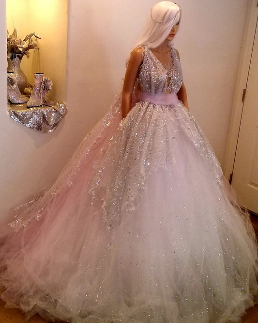 "TINSLEY" Silver, White & Pink Lace & Tulle Wedding Ballgown Set