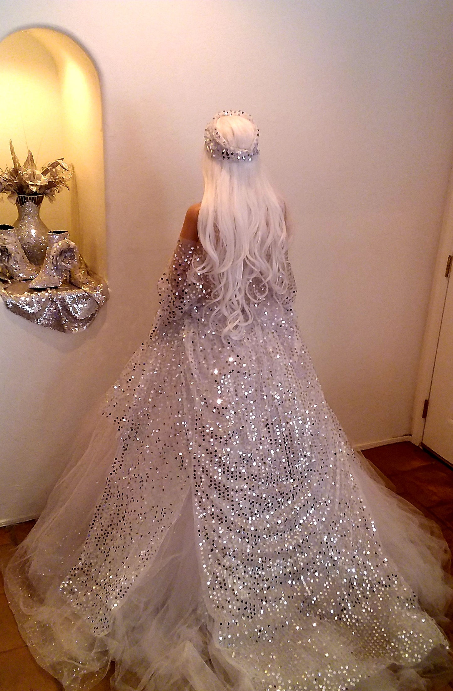 The 💎ISOLDE💎 White & Silver Sequin Crystal Kimono Wedding Ballgown Set