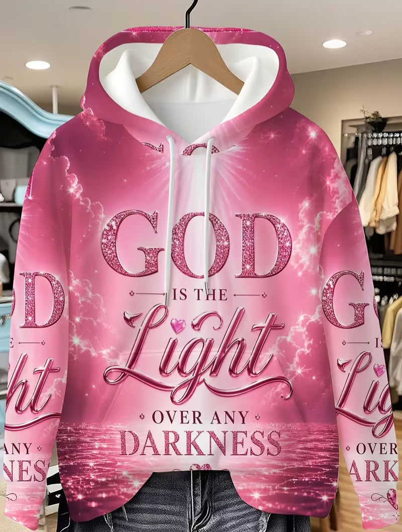 "GOD IS THE LIGHT OVER ANY DARKNESS" Graphic Soft Pink & White Scripture Hoodie Sweatshirt