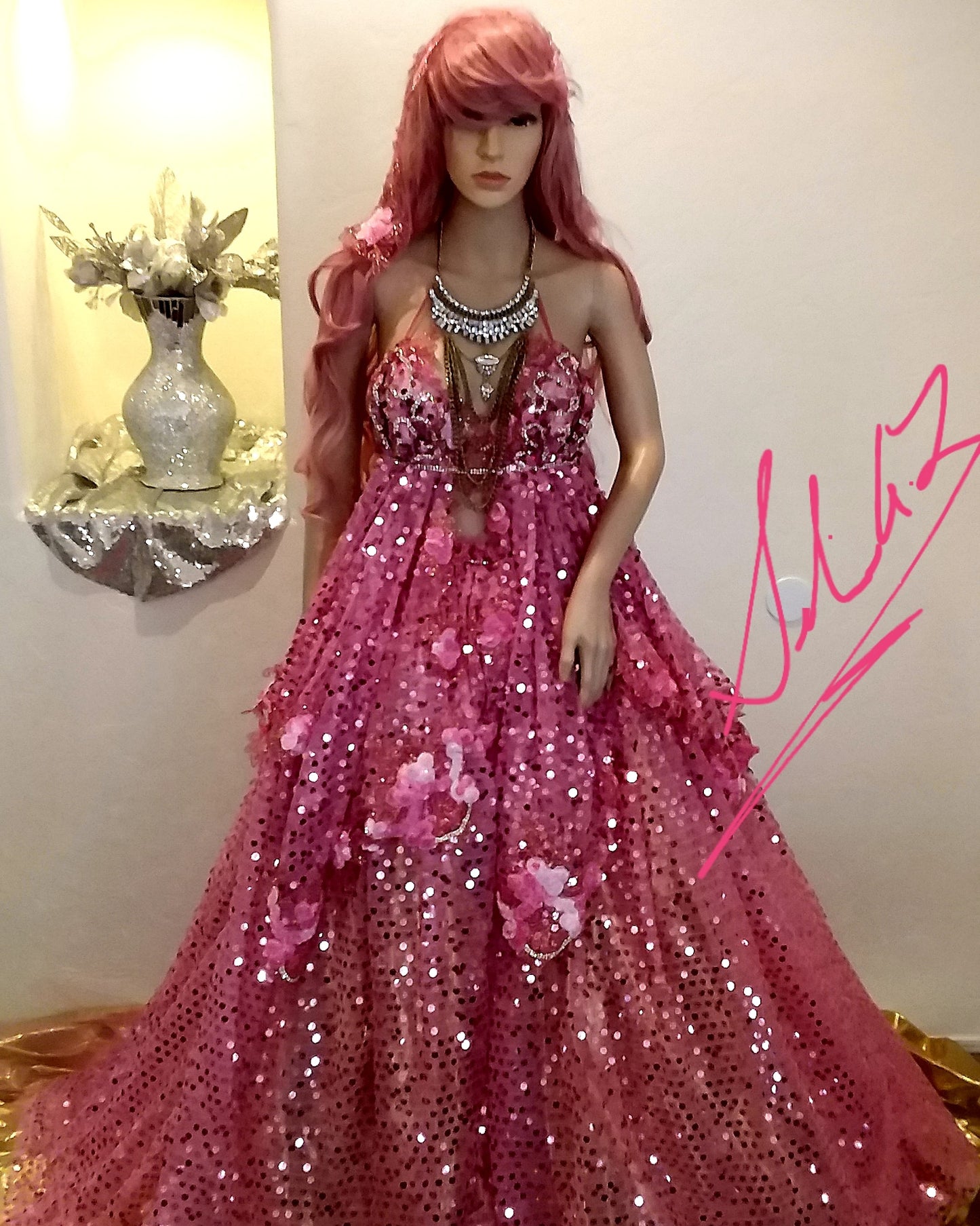 The "SHAYLA" Hot Pink Sequin Lace Crystal Wedding Ballgown Set
