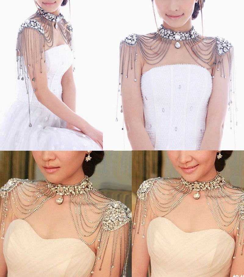 Elegant Crystal Diamante Rhinestone Bejeweled Choker Shoulder Draped fringe Necklace