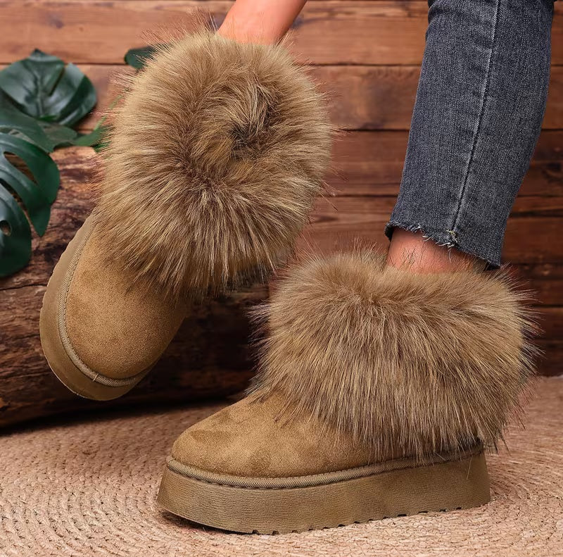 Khaki Tan Faux Fur Trim Outdoor Winter Boots