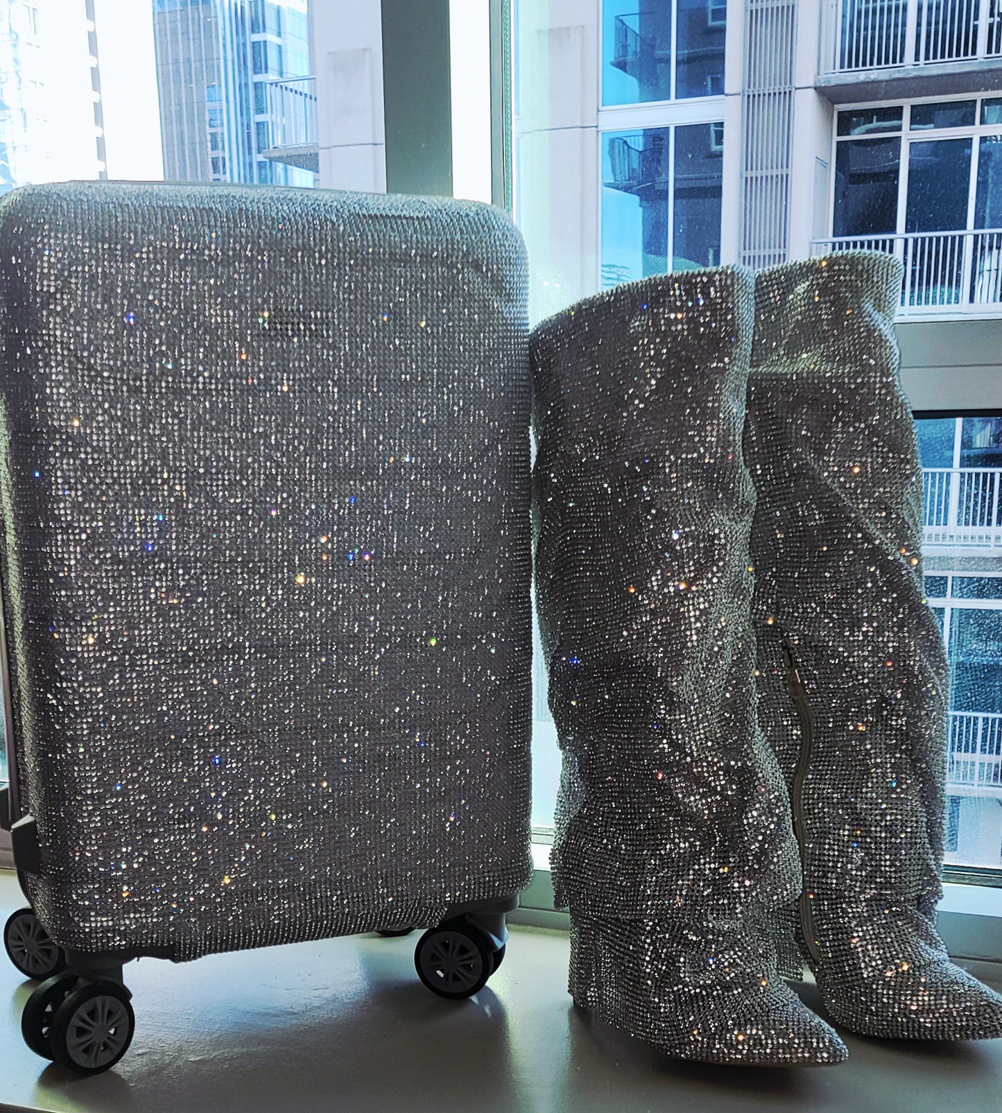 "NEW YORK HEIRESS" Custom Order Silver Rhinestone Crystal Diamante TSA size Approved Carry-on Luggage Case