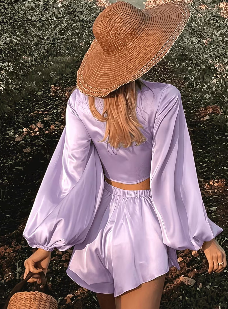Flirty Lavender Tie Front Crop Top & Floaty Shorts Set