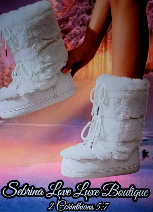 Plush White Faux Fur Outdoor Winter Boots