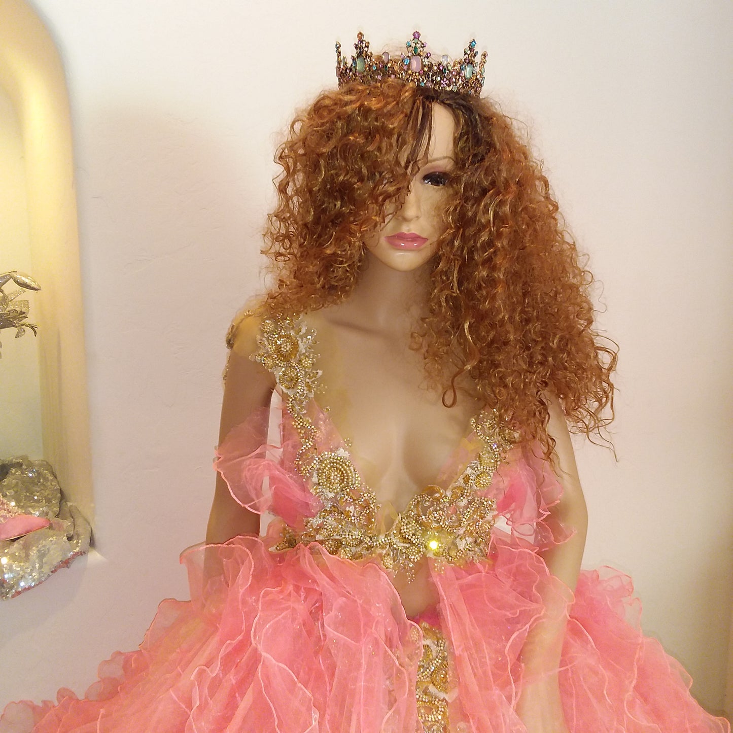 🌺LEXINGTON🌺 Coral & Gold Embroidered Lace Organza Wedding Ballgown Set