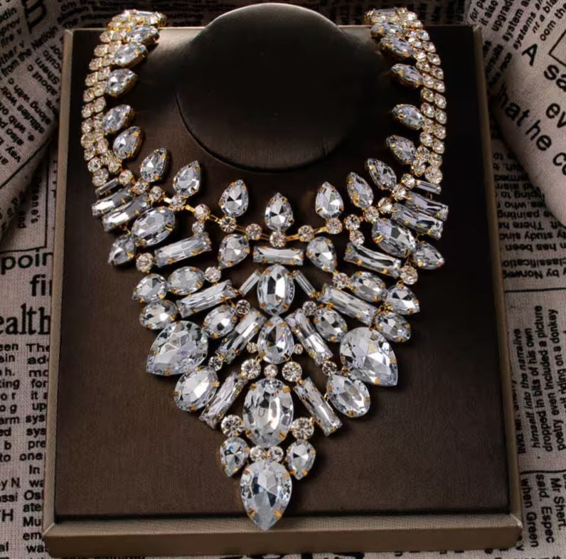 Luxe Vintage Inspired Crystal Diamante Rhinestone Bejeweled Statement Gold Color Choker Necklace & Earrings Set