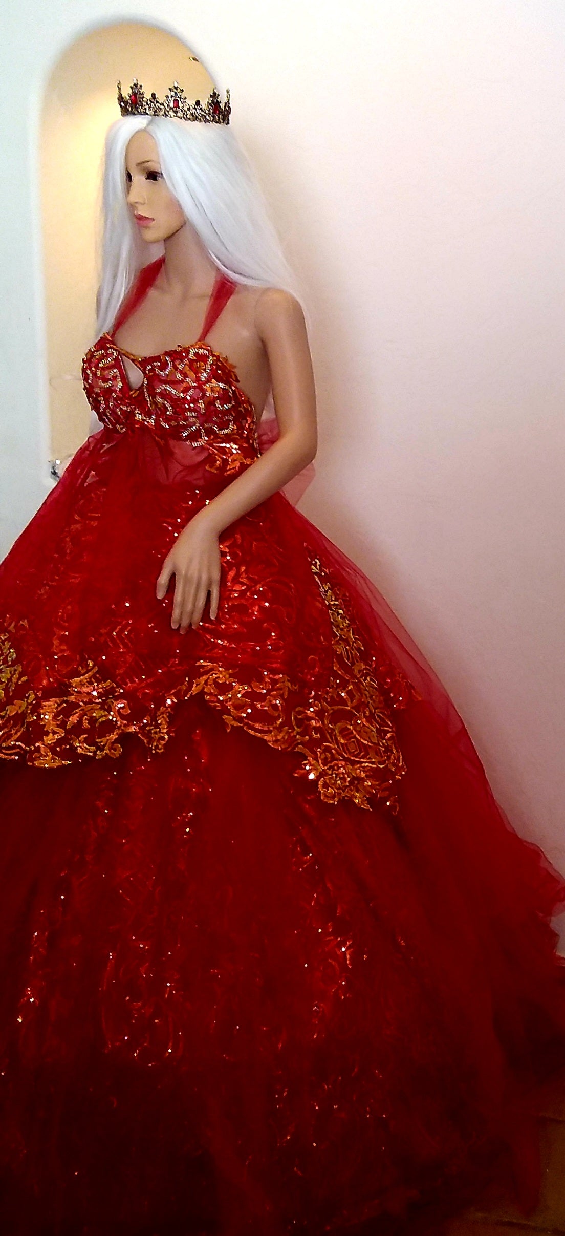 The ❤️‍🔥SHYLOH❤️‍🔥 Red & Gold Embroidered Sequined Crystal Lace & Tulle Wedding Ballgown Set