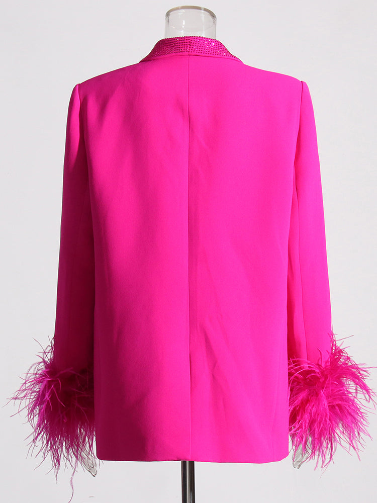 Beautiful Hot Pink Feather Cuff Crystal Bejeweled Blazer Jacket