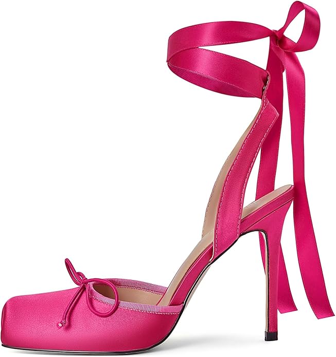 Elegant Romantic Hot Pink Satin Ribbon Ankle Tie Ballerina Heels