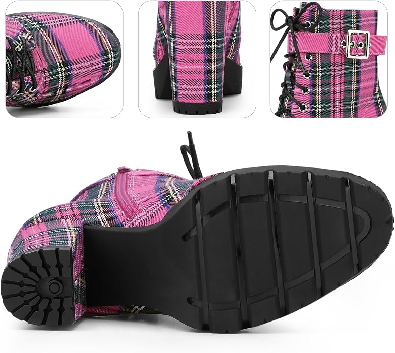 Collegecore Pink Tartan Plaid Round Toe Platform Combat Ankle Boots