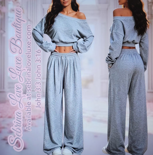 Cozy Gray Cropped Sweatshirt & Wide Leg Jogger Set