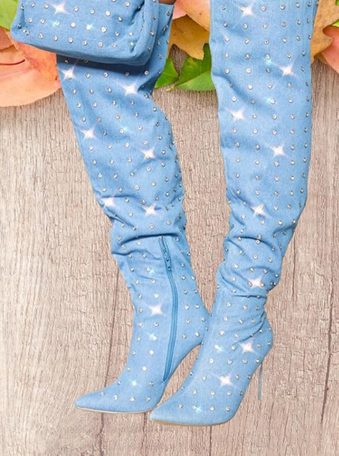 Light Blue Denim Rhinestone Crystal Diamante Over The Knee Thigh Boots